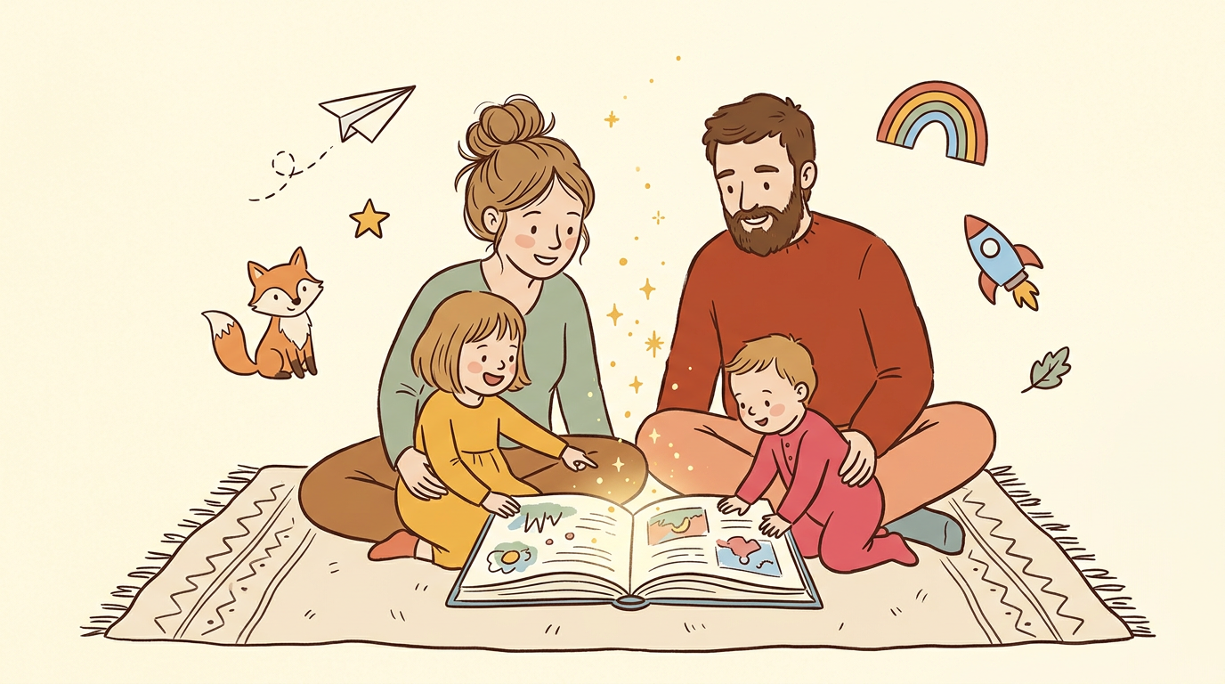 Family gathered around a glowing storybook
